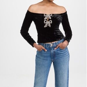 SELF-PORTRAIT Velvet Embellished-Bow Bardot Top